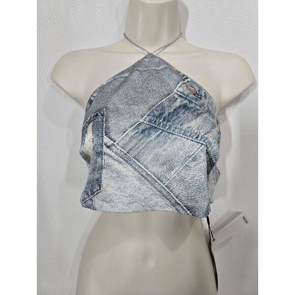 Retrofete Tops - Retrofête Blue Romano Denim Halter Neck Duncan Cropped Top Size Large